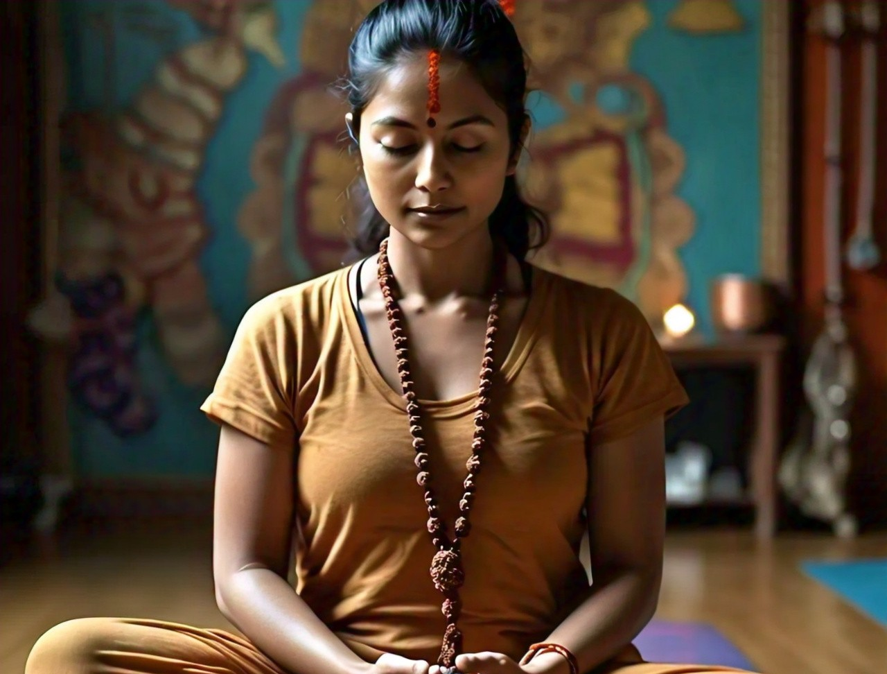 A serene setting of a person meditating with a Rudraksha mala, emphasizing the calming effects of the beads on emotional well-being